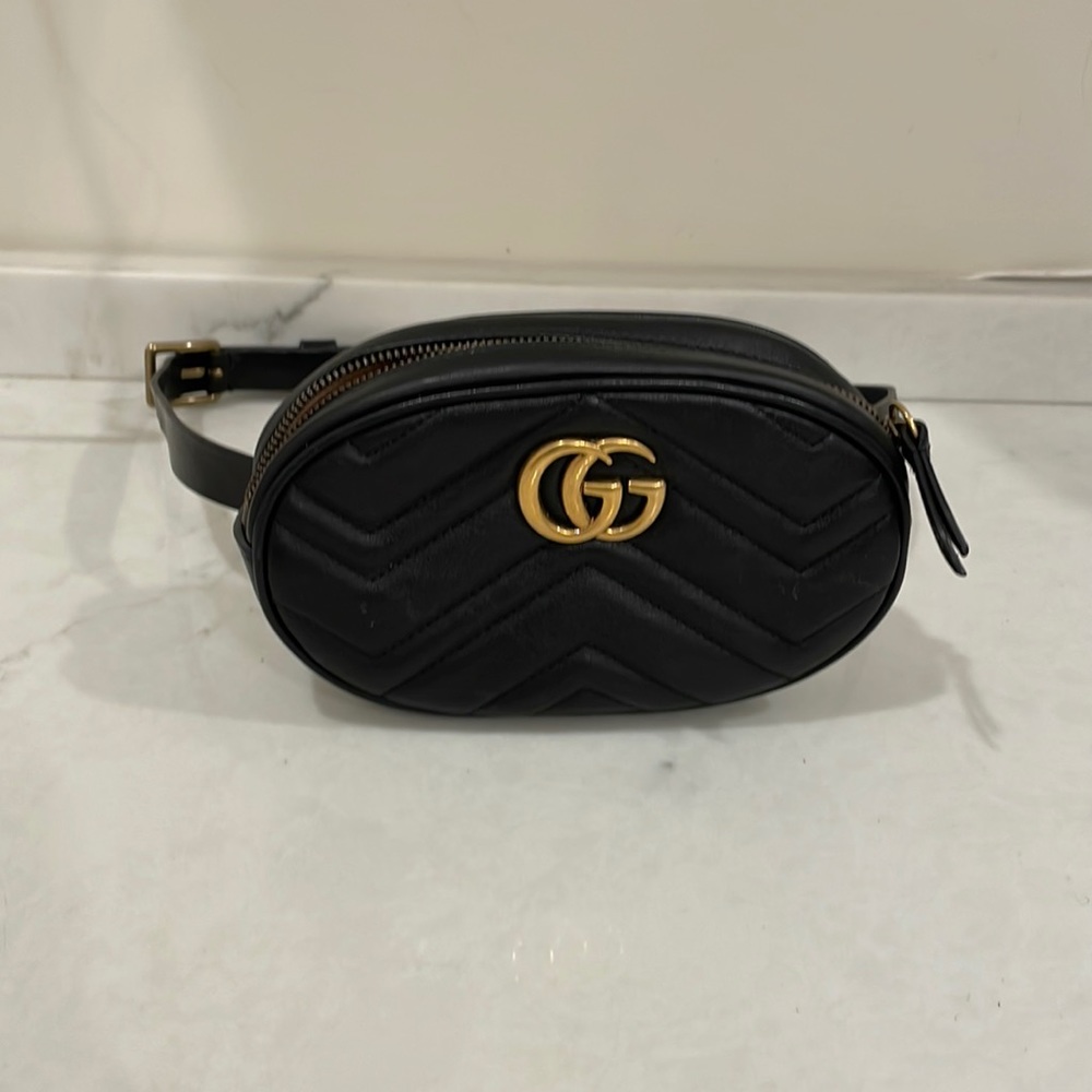 Gucci Black Matelassé Leather GG Marmont Belt Bag black